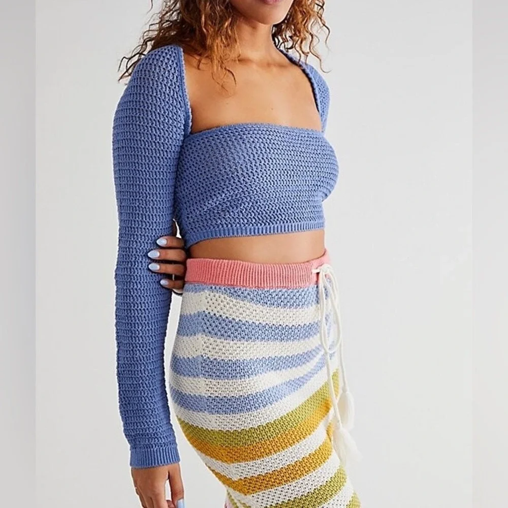 Free People Beach Love Me Long-Sleeve Fauxchet Top Womens M Blue Clean Girl